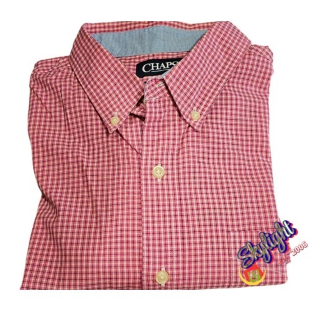 Mens CHAPS RL Easy care red plaid button up camp golf‎ shirt Sz L short sleeve